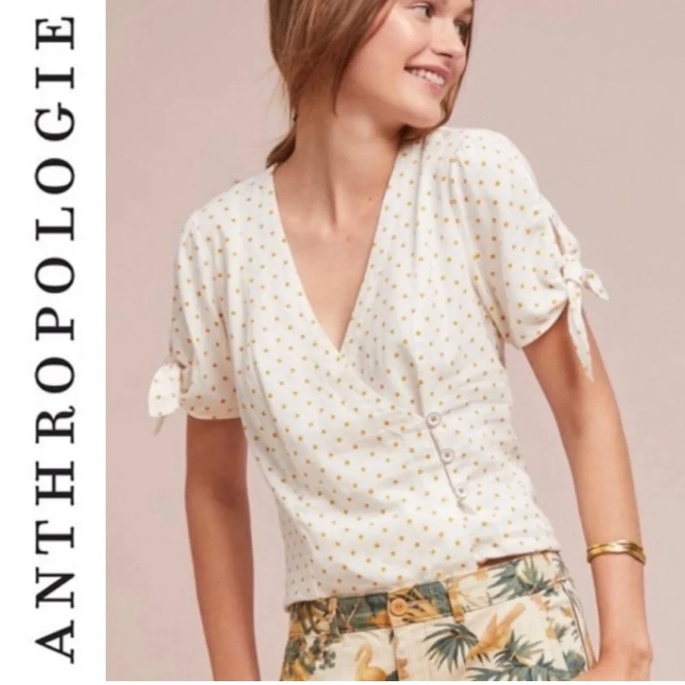 Anthropologie Maeve Louise Wrapped Blouse Size 0 Polka Dot Retro Puff Sleeve Top